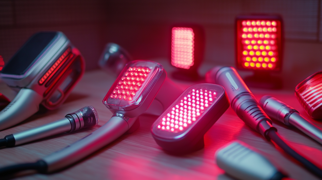Many red light therapy and laser therapy devices on a table