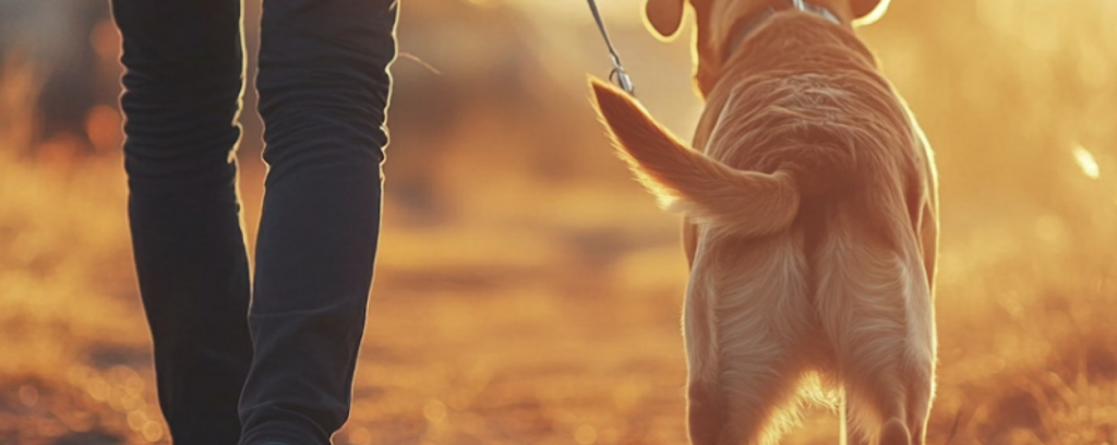 healthy dog in a field with owner