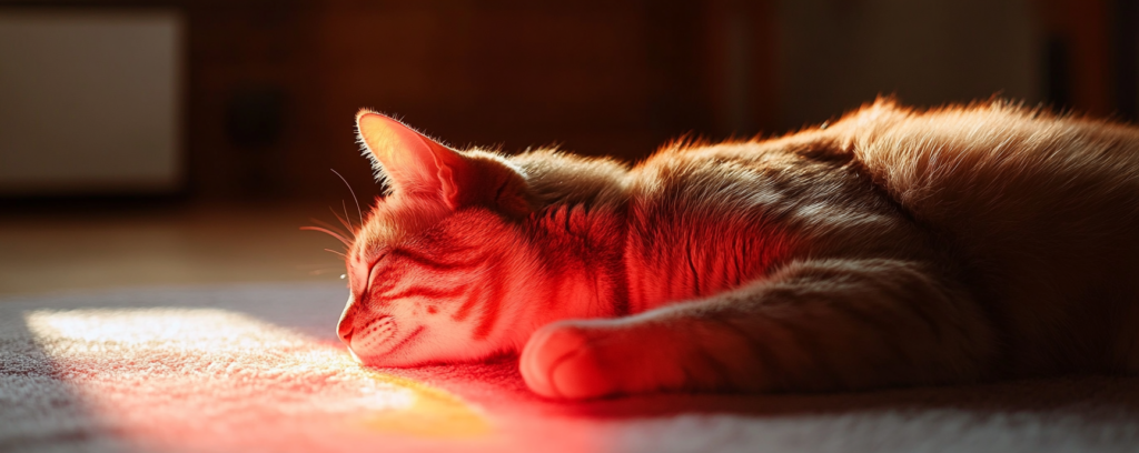 Relaxed senior cat basking in laser therapy light