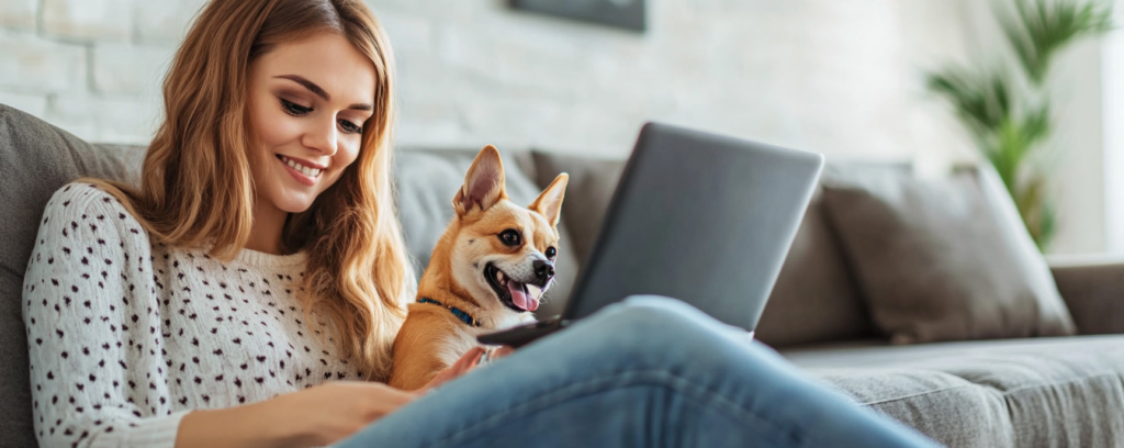 Happy pet owner with dog reading about laser therapy treatment for arthritis